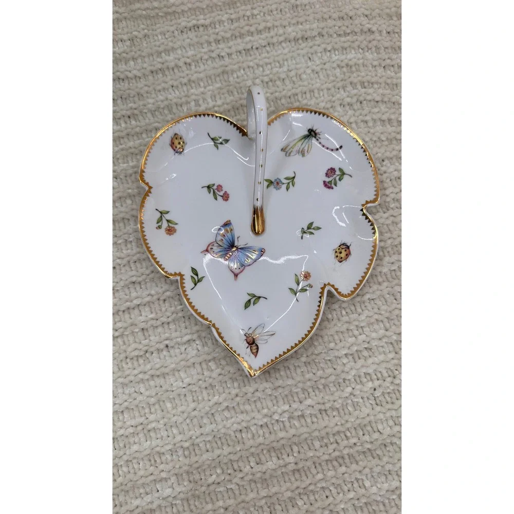 I Godinger & Co Leaf Dish Butterfly Porcelain Trinket‎ Dish Candy Tray Gold Trim
